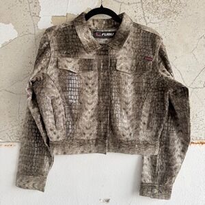 Vtg FUBU Jacket Cropped Snakeskin Trucker Faux Croc Womens L 90s Y2K Streetwear